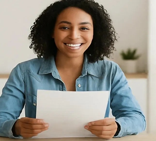 Smiling person holding a sheet of paper.