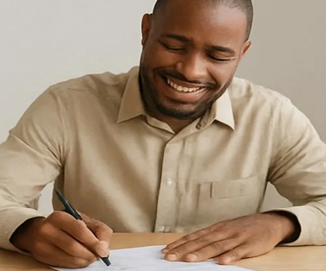 Smiling man writing at a desk.